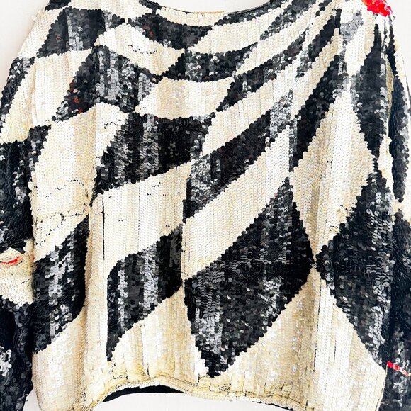 Vintage Siruti Geometric Print black White Orange Sequin Harlequin SILK Top L - Picture 9 of 11